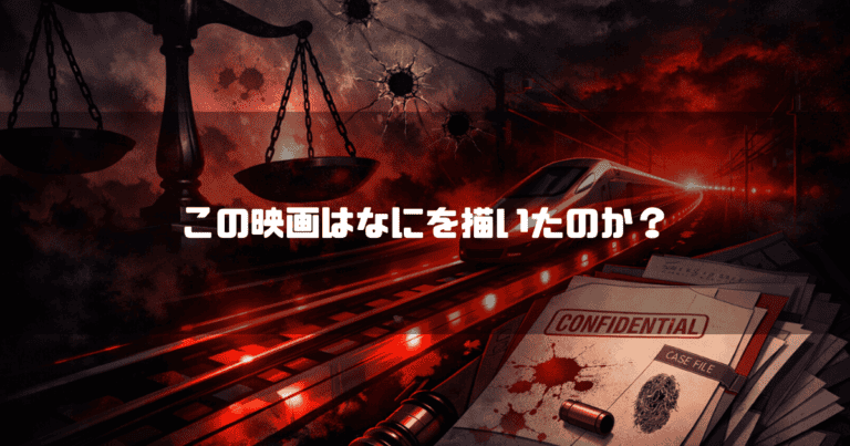 赤と黒の色彩を基調に、天秤、新幹線、弾痕、指紋、捜査資料を配したサスペンス映画風の画像。文字内容：「この映画はなにを描いたのか？」