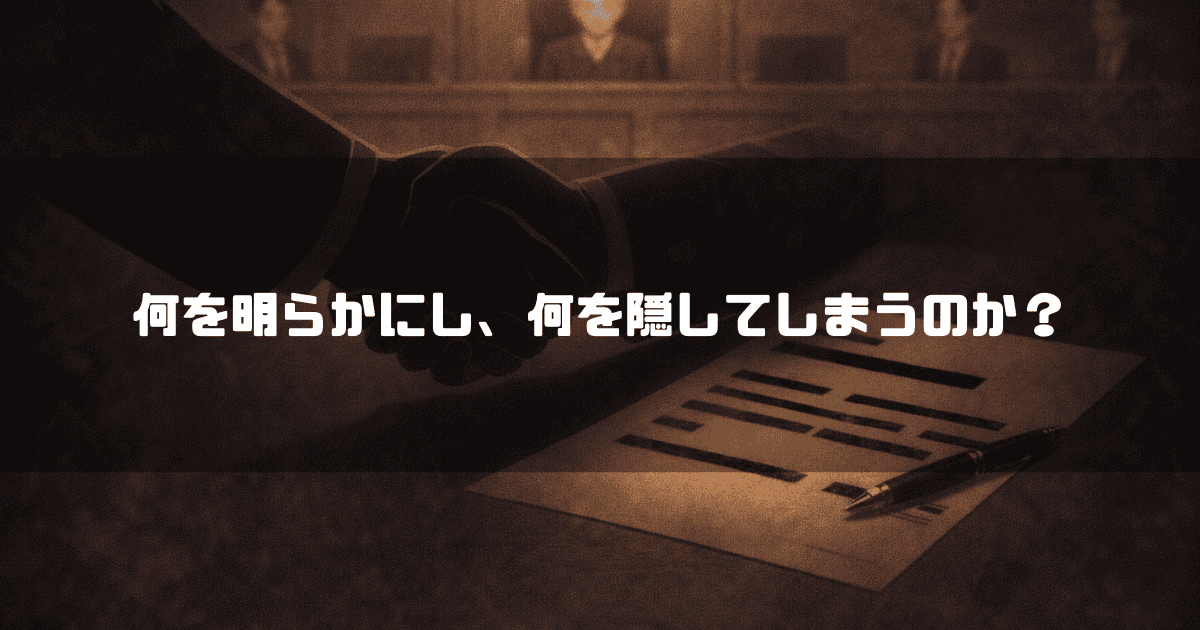 法廷のような場所で、書類とペンを前にシルエットの人物たちが固い握手を交わす様子。文字内容：「何を明らかにし、何を隠してしまうのか？」