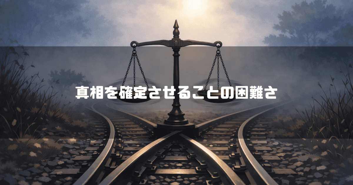 霧が立ち込める二股の線路が交わる中央に、シンボリックに置かれた大きな正義の天秤。文字内容：「真相を確定させることの困難さ」