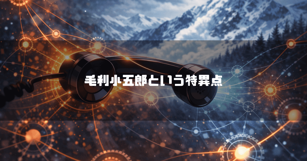 雪山と光る幾何学的なネットワーク模様を背景に浮かぶ黒電話の受話器。文字内容：「毛利小五郎という特異点」