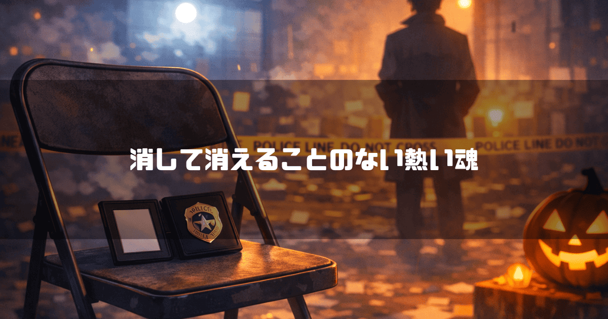 規制線が張られた夜の現場でパイプ椅子に置かれた警察手帳と、背景に立つコート姿の人物やジャック・オー・ランタン。文字内容：「決して消えることのない熱い魂」