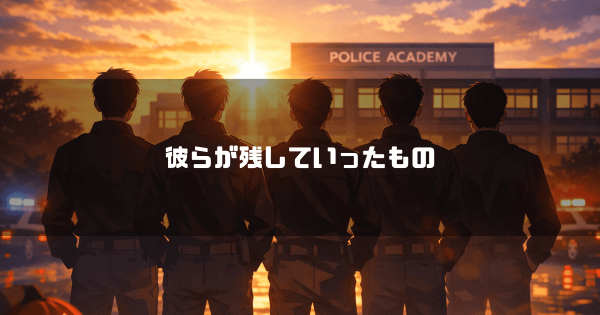 パトカーの赤色灯が光る夕暮れ時、警察学校（POLICE ACADEMY）の校舎に向かって並んで立つ制服姿の5人の男性の後ろ姿。文字内容：「彼らが残していったもの」