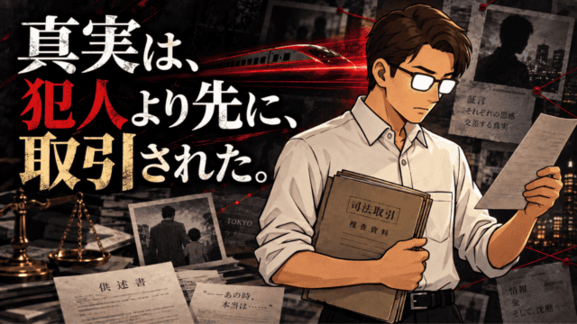 名探偵コナン「緋色の弾丸」の司法取引と真実の不確かさを示す捜査資料を読むシフル、「真実は、犯人より先に、取引された。」の文字