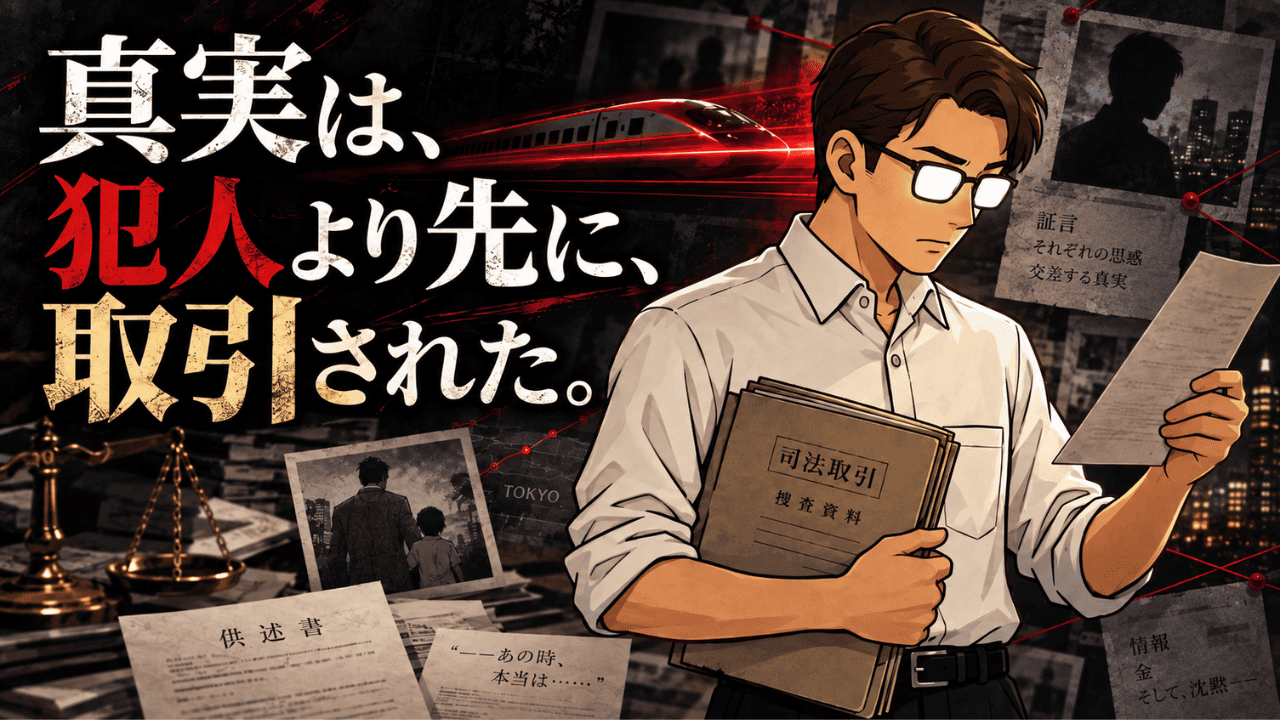 名探偵コナン「緋色の弾丸」の司法取引と真実の不確かさを示す捜査資料を読むシフル、「真実は、犯人より先に、取引された。」の文字