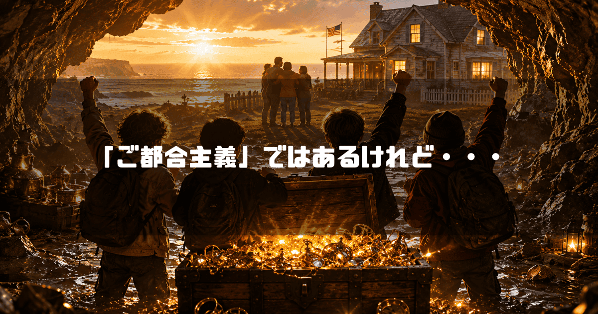 夕日が差し込む洞窟の中で光り輝く財宝が詰まった宝箱を囲み、海に向かって歓喜する子供たち。文字内容：「「ご都合主義」ではあるけれど・・・」