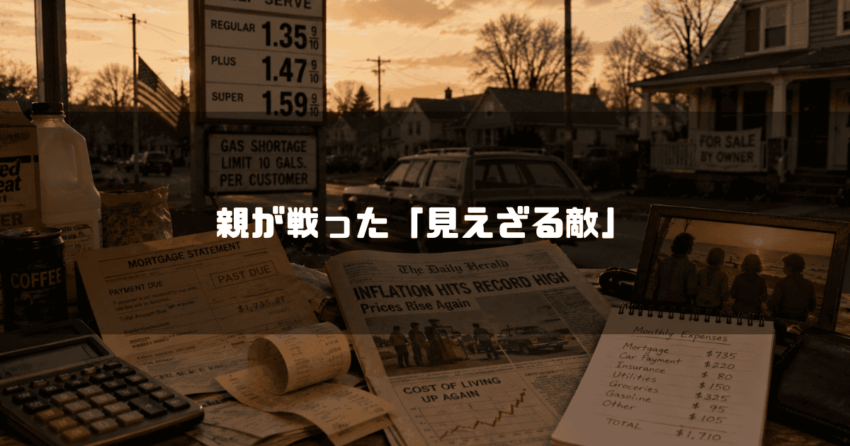インフレを報じる新聞や住宅ローンの請求書、計算機が置かれた机と夕暮れのガソリンスタンド。文字内容：「親が戦った「見えざる敵」」