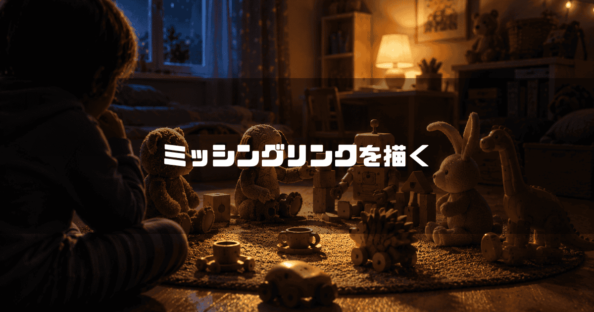 薄暗い部屋の中、小さなランプに照らされたラグの上で、テディベアやウサギ、ロボットのぬいぐるみなどのおもちゃの間に、木の幹で作られた大きな魚のような生き物が置かれている。文字内容：「ミッシングリンクを描く」