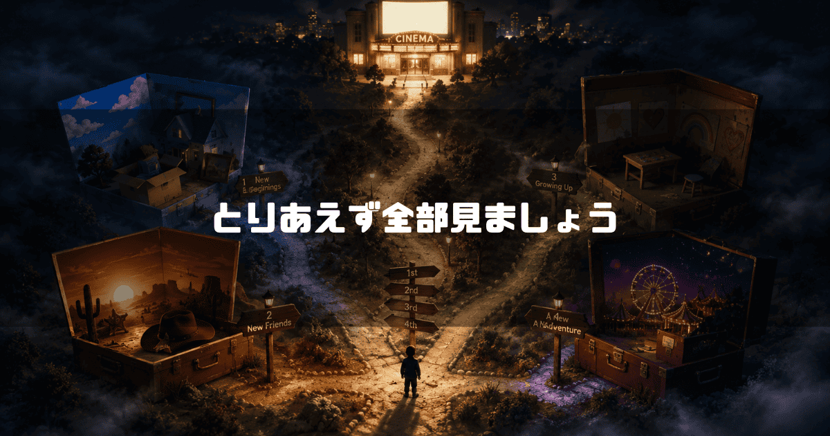 映画館に向かう十字路に立つ人物。開いた4つのトランクには家、砂漠、教室、夜の遊園地のミニチュアの世界が広がっている。文字内容：「とりあえず全部見ましょう」