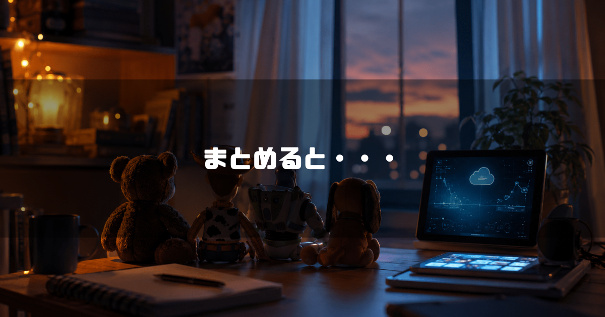 薄暗い部屋の机に座り、グラフが表示されたタブレット画面を並んで見つめるテディベア、カウボーイ人形、宇宙飛行士の人形、犬のぬいぐるみの後ろ姿。文字内容：「まとめると・・・」