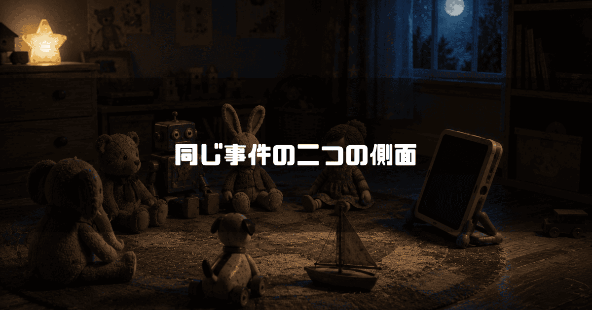 月明かりと星型のランプが照らす夜の子供部屋で、円形ラグの上に集まるぬいぐるみやロボットなどのレトロなおもちゃたちと、それに向き合うように置かれたタブレット端末。文字内容：「同じ事件の二つの側面」