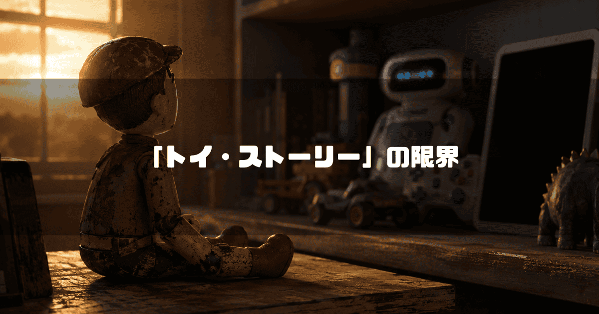 夕日が差し込む窓辺で外を見つめる古びた少年の人形と、背後の棚に並ぶロボットやタブレット端末などの新しいおもちゃ。文字内容：「「トイ・ストーリー」の限界」