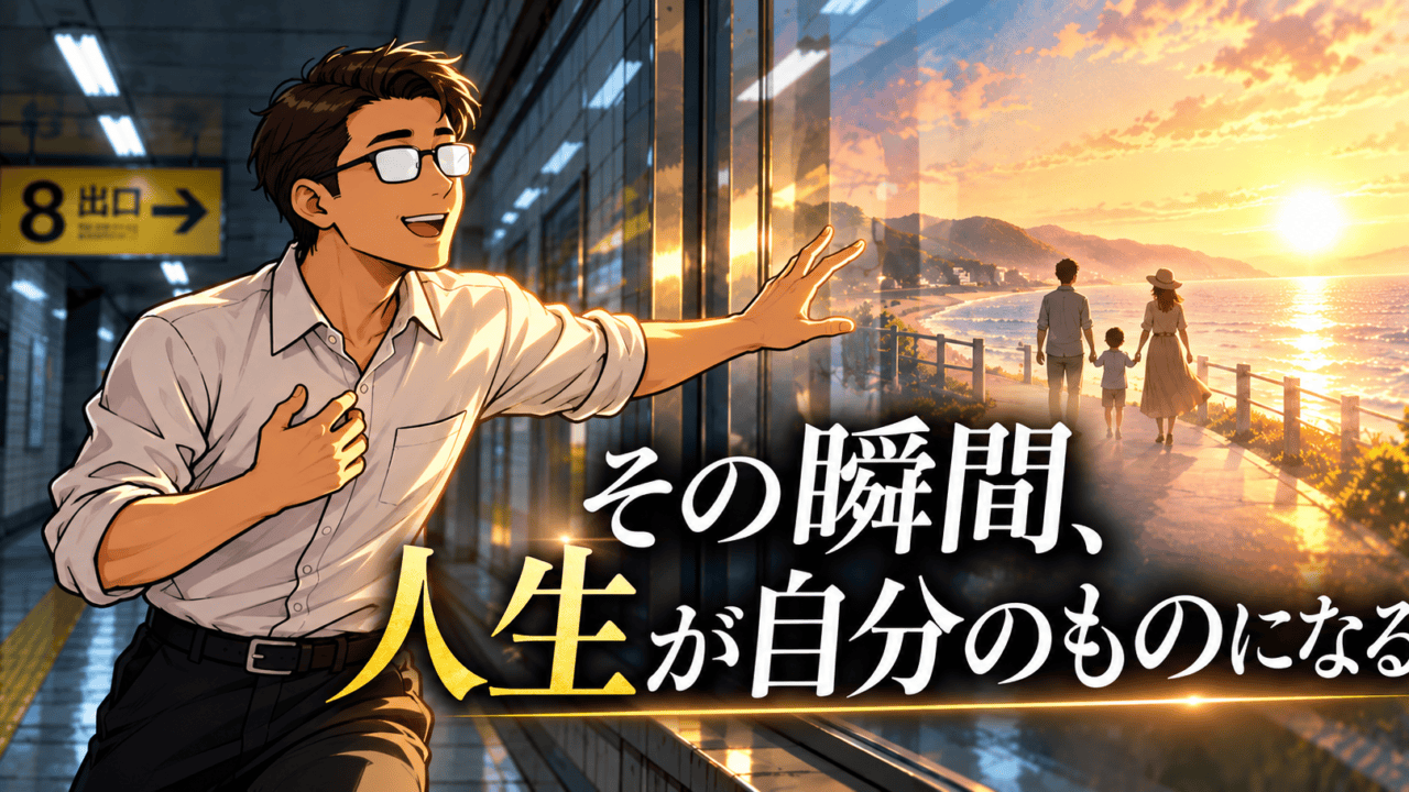 地下通路で、運営者アバターが明るい海辺の家族の未来へ手を伸ばす『8番出口』考察のアイキャッチ
