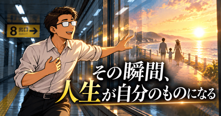 地下通路で、運営者アバターが明るい海辺の家族の未来へ手を伸ばす『8番出口』考察のアイキャッチ
