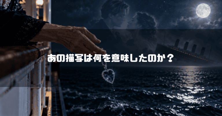 夜の海に「碧洋のハート」を掲げる老いたローズの手と、背後に重なる若いジャックとローズ、沈みゆくタイタニック