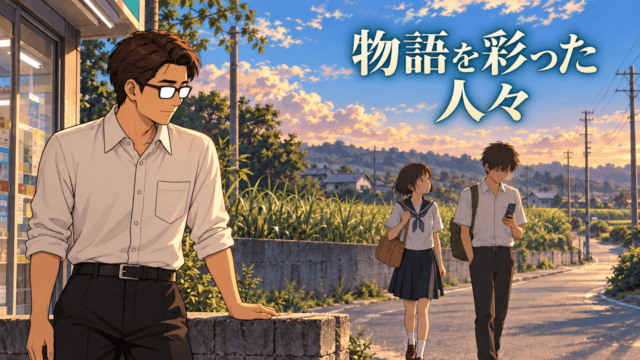 『秒速5センチメートル』の登場人物を紹介する、帰宅路で携帯に目を落とす貴樹と彼に顔を向ける花苗をシフルが見つめる情景。「物語を彩った人々」のコピー