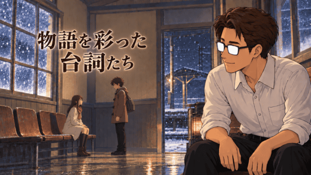 『秒速5センチメートル』の名言・台詞を紹介する、雪の駅で待つ明里と再会した貴樹をシフルが見つめる情景。「物語を彩った台詞たち」のコピー