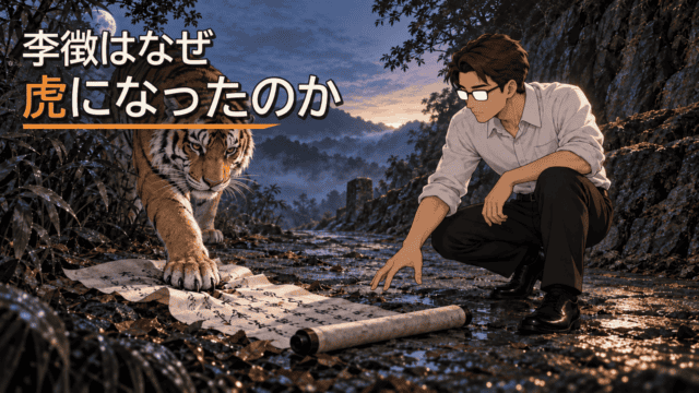 『山月記』の李徴を表す虎が詩の巻物を踏み、その場面を見つめるシフル。「李徴はなぜ虎になったのか」の文字