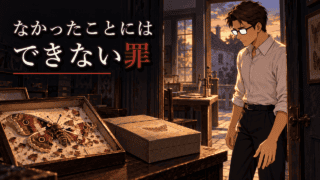 『少年の日の思い出』で、壊れてしまったクジャクヤママユの標本を見つめるシフル。「なかったことにはできない罪」の文字