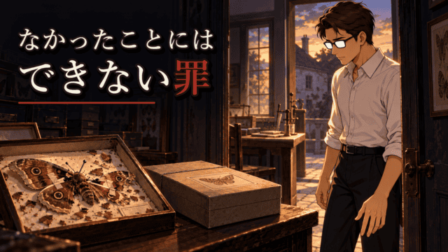 『少年の日の思い出』で、壊れてしまったクジャクヤママユの標本を見つめるシフル。「なかったことにはできない罪」の文字