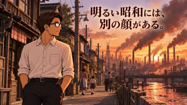 夕焼けの昭和の街並みと煙を上げる工場群をシフルが見つめ、「明るい昭和には、別の顔がある。」と記したイラスト。