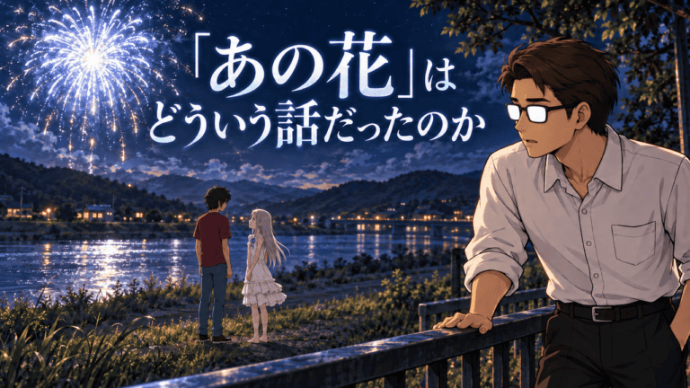 『あの日見た花の名前を僕達はまだ知らない。』で、花火のあとも消えないめんまとじんたんを河岸の柵から見つめるシフル。「あの花」はどういう話だったのかの文字