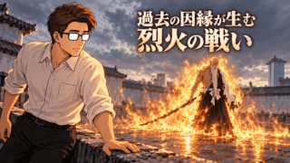 『BLEACH 千年血戦篇』の山本元柳斎の卍解「残火の太刀」を表す、炎を纏う山爺をシフルが見つめる情景。「過去の因縁が生む烈火の戦い」のコピー