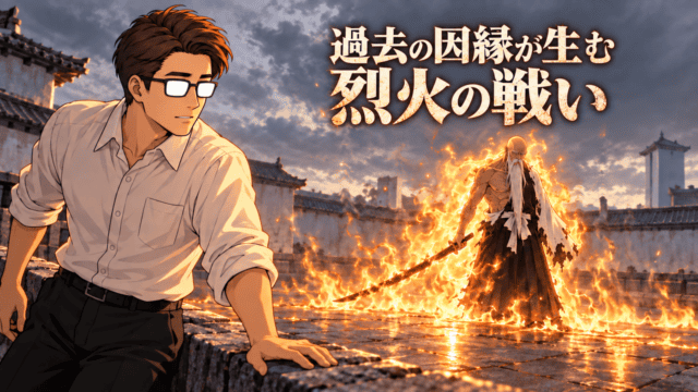 『BLEACH 千年血戦篇』の山本元柳斎の卍解「残火の太刀」を表す、炎を纏う山爺をシフルが見つめる情景。「過去の因縁が生む烈火の戦い」のコピー