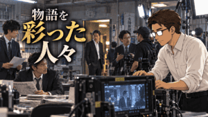 ドラマ『だから殺せなかった』のキャスト&スタッフ一覧 ドラマ「だから殺せなかった」の新聞社セットで主要キャストと撮影スタッフを見つめるシフル。「物語を彩った人々」のコピー