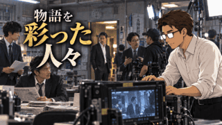 ドラマ「だから殺せなかった」の新聞社セットで主要キャストと撮影スタッフを見つめるシフル。「物語を彩った人々」のコピー