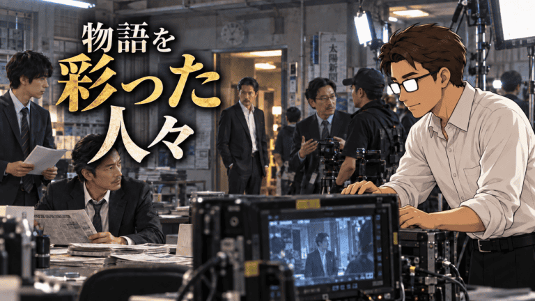 ドラマ「だから殺せなかった」の新聞社セットで主要キャストと撮影スタッフを見つめるシフル。「物語を彩った人々」のコピー