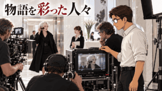 映画「プラダを着た悪魔」のキャストとスタッフを描いた撮影現場で、演技を見守るシフル。「物語を彩った人々」のコピー