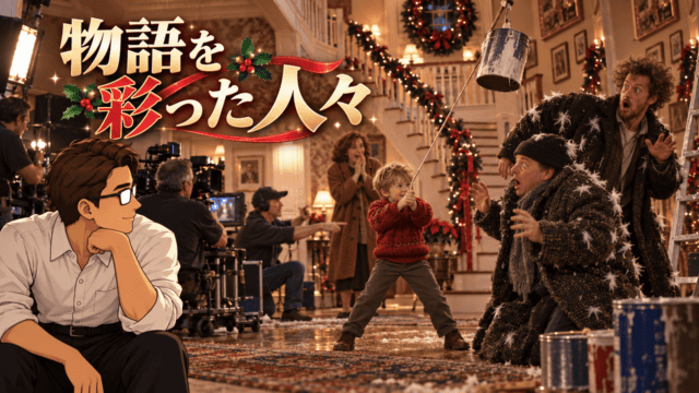 映画「ホーム・アローン」1・2作目のキャストとスタッフを表す撮影現場で、少年役と泥棒役を見つめるシフル。「物語を彩った人々」のコピー