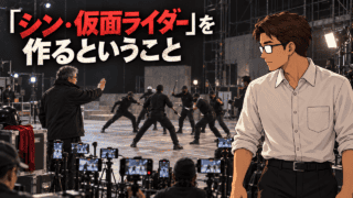 映画『シン・仮面ライダー』制作ドキュメンタリーの撮影現場で、殺陣を止める庵野秀明監督とアクション班を見つめるシフル。「『シン・仮面ライダー』を作るということ」のコピー