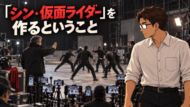 映画『シン・仮面ライダー』制作ドキュメンタリーの撮影現場で、殺陣を止める庵野秀明監督とアクション班を見つめるシフル。「『シン・仮面ライダー』を作るということ」のコピー