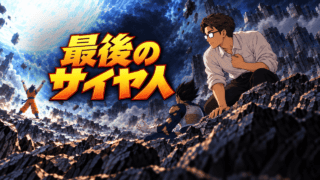 『ドラゴンボール』魔人ブウ戦で元気玉を掲げる悟空と、それを見つめるベジータを岩場から注視するシフル。「最後のサイヤ人」の文字