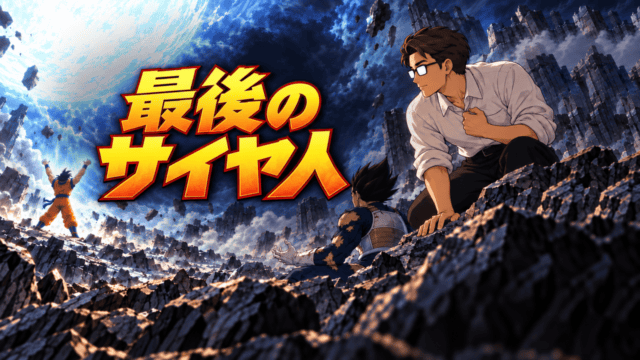 『ドラゴンボール』魔人ブウ戦で元気玉を掲げる悟空と、それを見つめるベジータを岩場から注視するシフル。「最後のサイヤ人」の文字