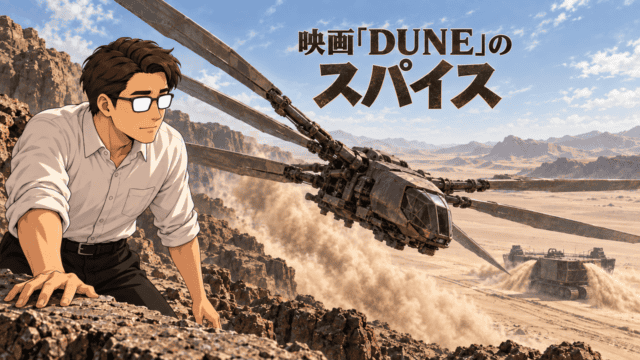 『DUNE/デューン 砂の惑星 Part 1』のアラキスで、スパイス採取機の上を飛ぶオーニソプターの金属翼を岩場から見つめるシフル。映画「DUNE」のスパイスの文字