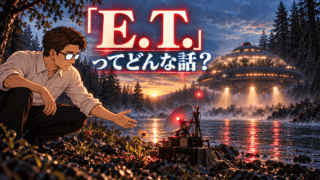 映画「E.T.」の死と復活をめぐる考察。川辺の手製通信装置へ応答しながら降下する植物採集船風の宇宙船を見つめるシフル、「E.T.」ってどんな話?のコピー