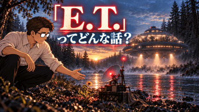 映画「E.T.」の死と復活をめぐる考察。川辺の手製通信装置へ応答しながら降下する植物採集船風の宇宙船を見つめるシフル、「E.T.」ってどんな話?のコピー