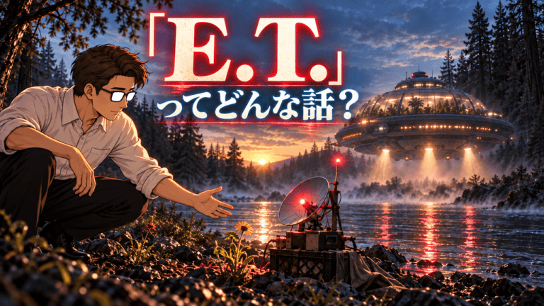 映画「E.T.」の死と復活をめぐる考察。川辺の手製通信装置へ応答しながら降下する植物採集船風の宇宙船を見つめるシフル、「E.T.」ってどんな話？のコピー