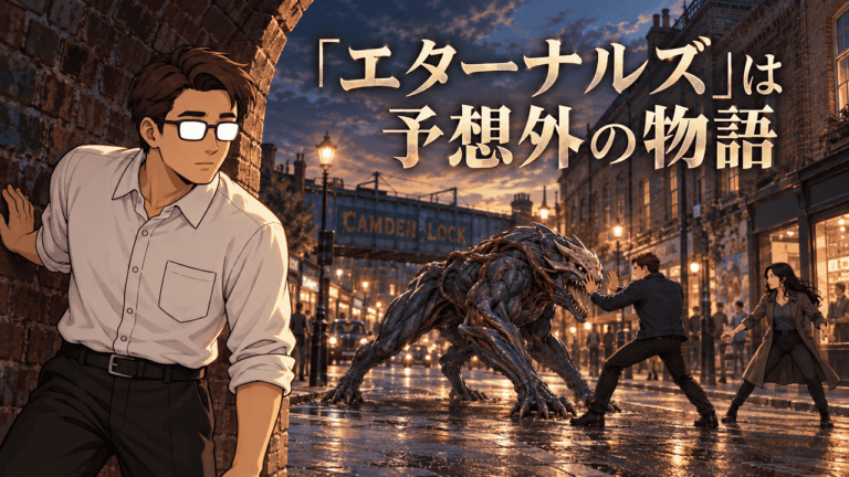 映画『エターナルズ』のロンドンで、ディヴィアンツに向き合うイカリスとセルシを煉瓦のアーチから見つめるシフル。「エターナルズ」は予想外の物語の文字