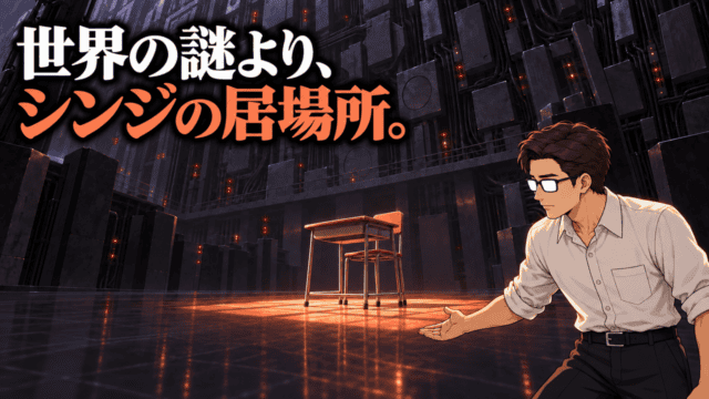 『新世紀エヴァンゲリオン』最終話を考察する、巨大な機械空間の学校机を指し示すシフルと「世界の謎より、シンジの居場所。」のコピー