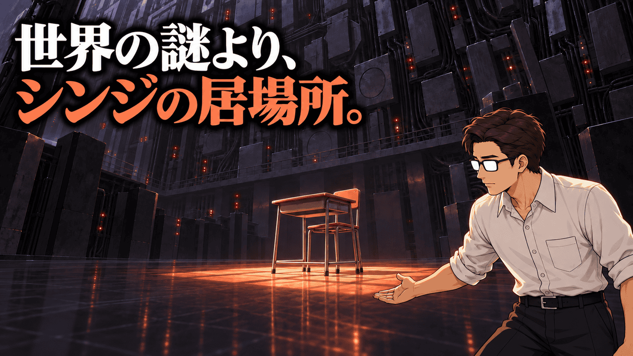 『新世紀エヴァンゲリオン』最終話を考察する、巨大な機械空間の学校机を指し示すシフルと「世界の謎より、シンジの居場所。」のコピー