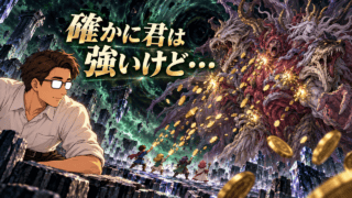 『FF5 ピクセルリマスター』のネオエクスデスへ「ぜになげ」で攻撃する一行を見つめるシフル。「確かに君は強いけど・・・」の文字