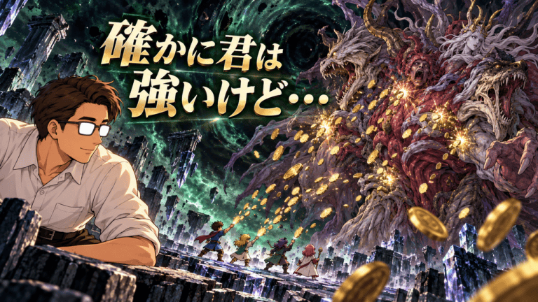 『FF5 ピクセルリマスター』のネオエクスデスへ「ぜになげ」で攻撃する一行を見つめるシフル。「確かに君は強いけど・・・」の文字