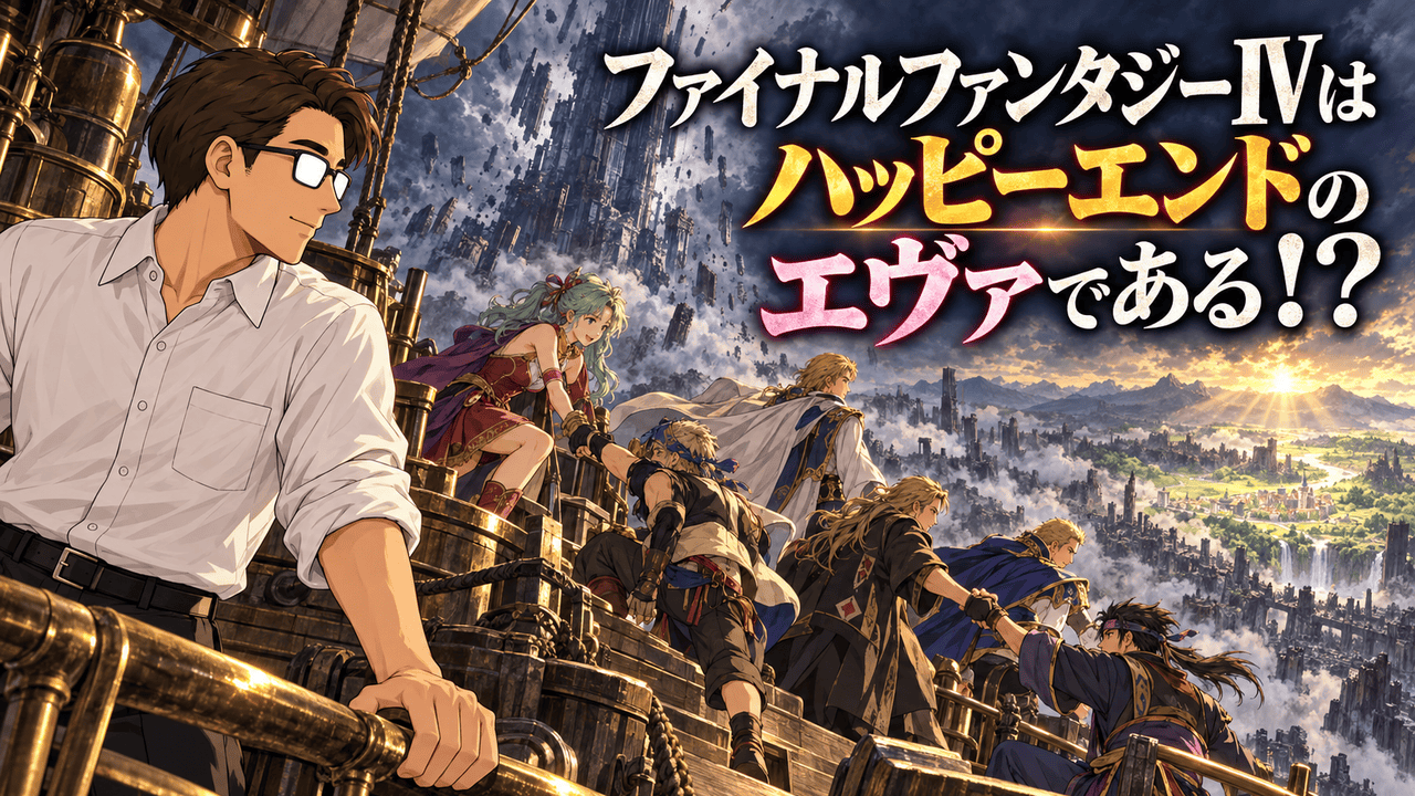 『ファイナルファンタジーVI』を考察する、崩壊した世界から光の差す大地へ飛ぶ飛空艇上で仲間が手を取り合う姿を見つめるシフルと「ファイナルファンタジーIVはハッピーエンドのエヴァである！？」のコピー