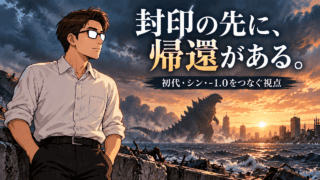荒廃した海辺で、シフルが沖のゴジラを見つめる。「封印の先に、帰還がある。」「初代・シン・-1.0をつなぐ視点」の文字。