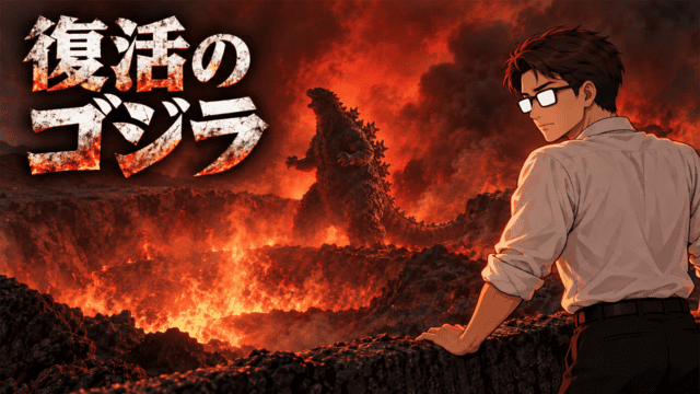 1984年版「ゴジラ」で、三原山火口に立つゴジラを見つめるシフルと「復活のゴジラ」のコピー