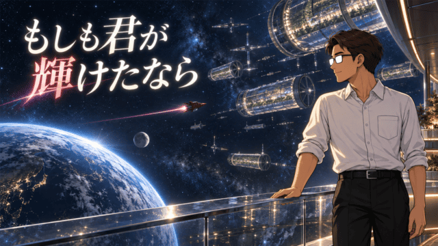 「Gundam GQuuuuuuX Beginning」考察。地球と月、スペースコロニーが浮かぶ広い宇宙を見渡すシフルと「もしも君が輝けたなら」のコピー