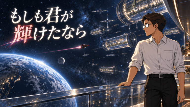 「Gundam GQuuuuuuX Beginning」考察。地球と月、スペースコロニーが浮かぶ広い宇宙を見渡すシフルと「もしも君が輝けたなら」のコピー